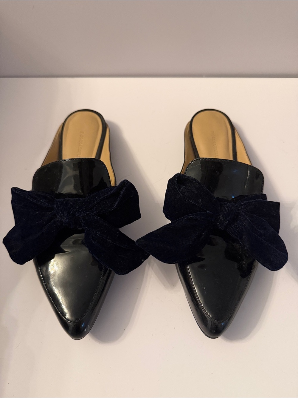 Banana Republic Black Patent Pointed Backless Mules with Navy Velvet Bow